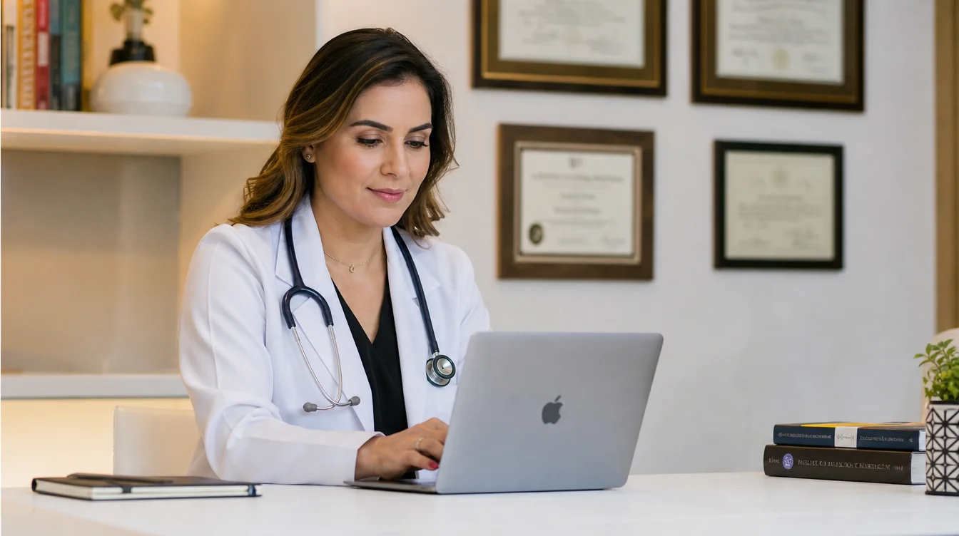 Médica trabalhando no laptop em consultório moderno