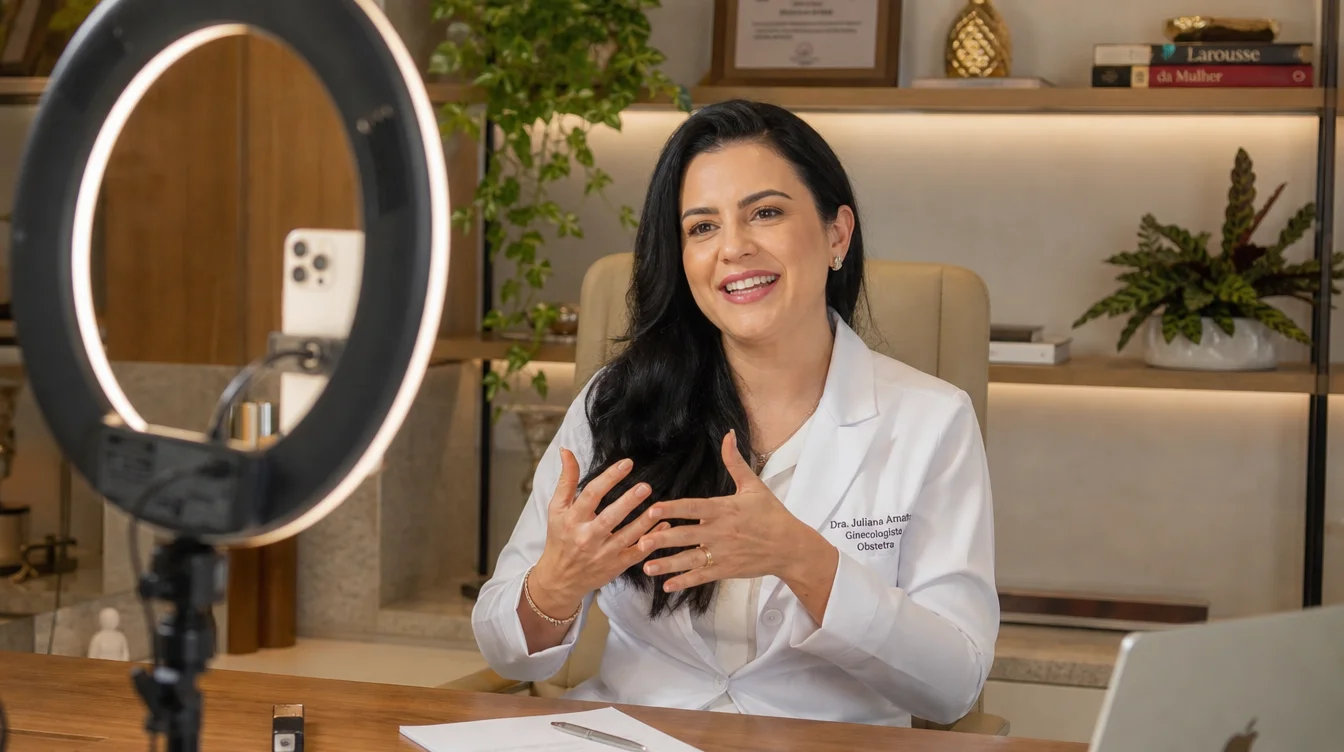 Médica criando conteúdo com smartphone no tripé em clínica moderna com ring light
