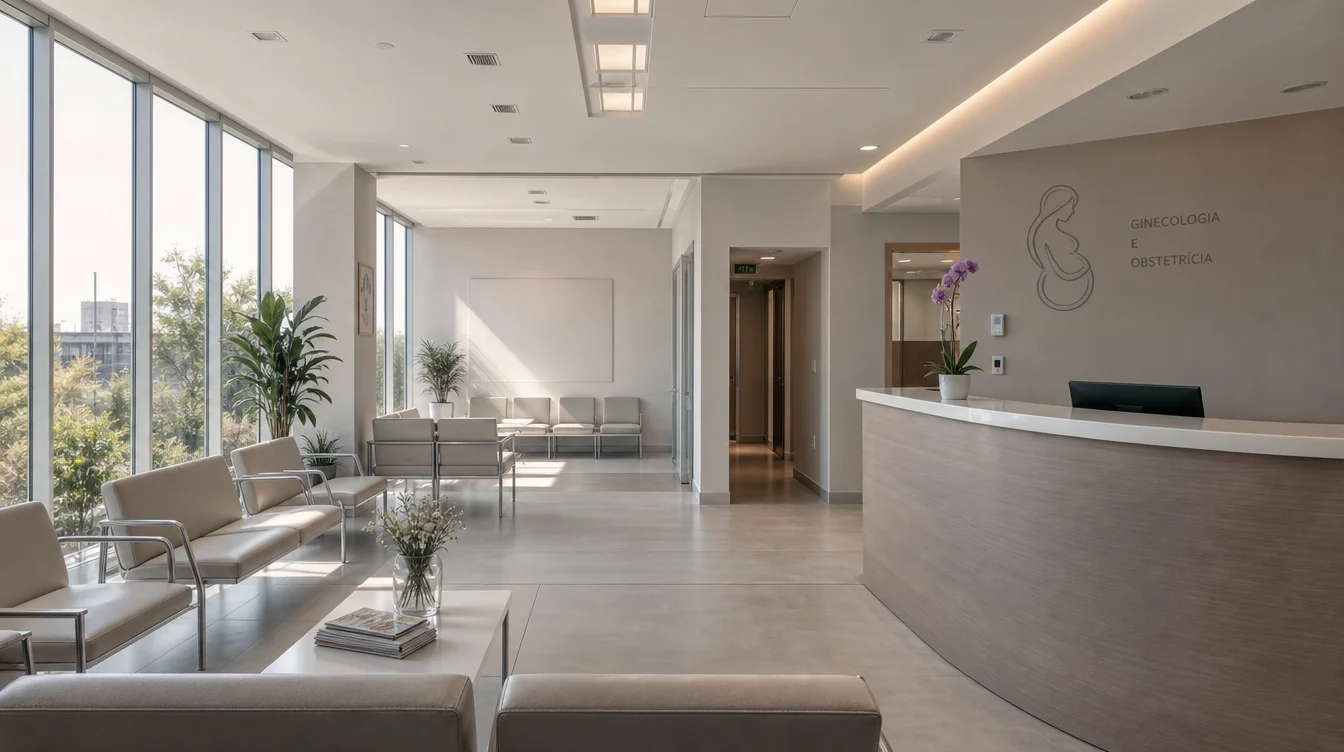Sala de espera médica moderna e vazia sem pacientes