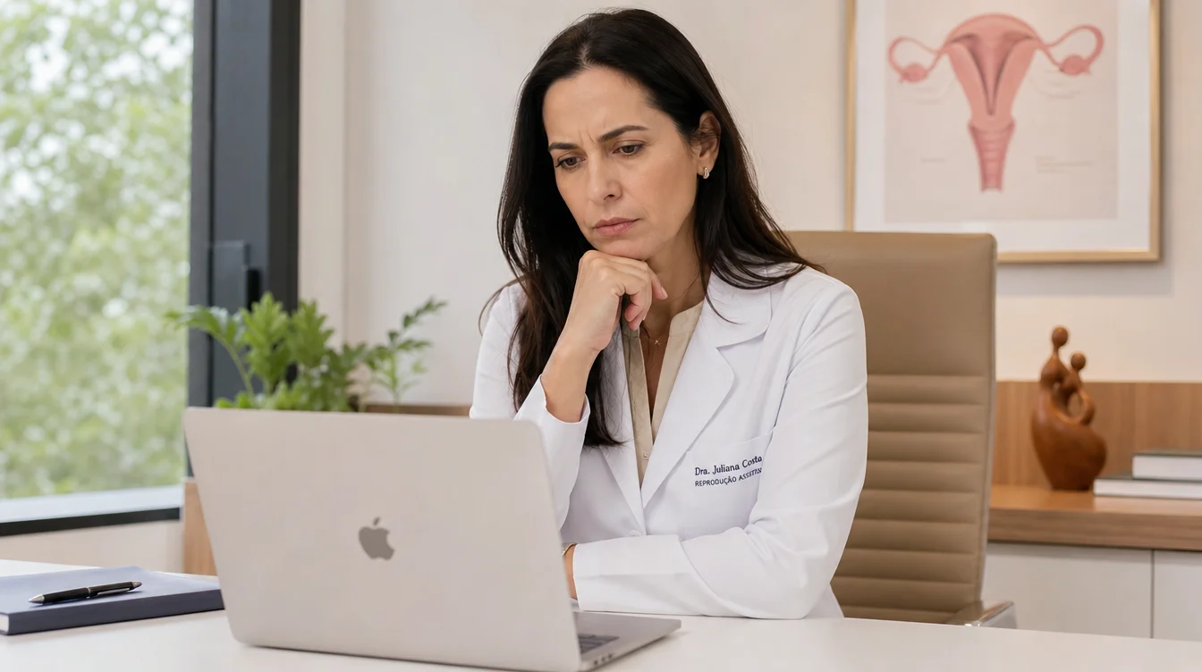 Médica com expressão preocupada analisando resultados no consultório