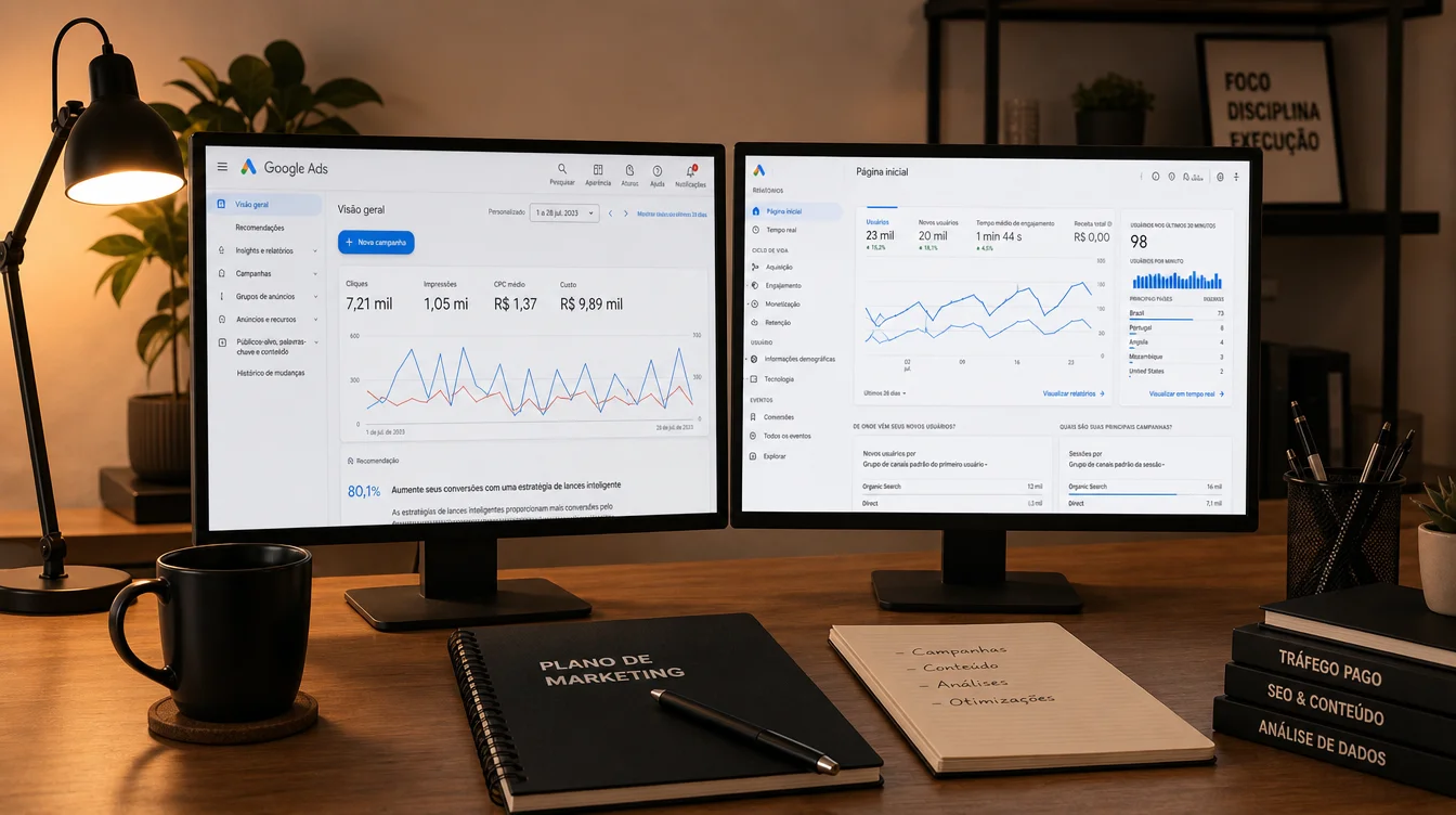 Mesa de marketing com monitores mostrando dashboard do Google Ads e analytics
